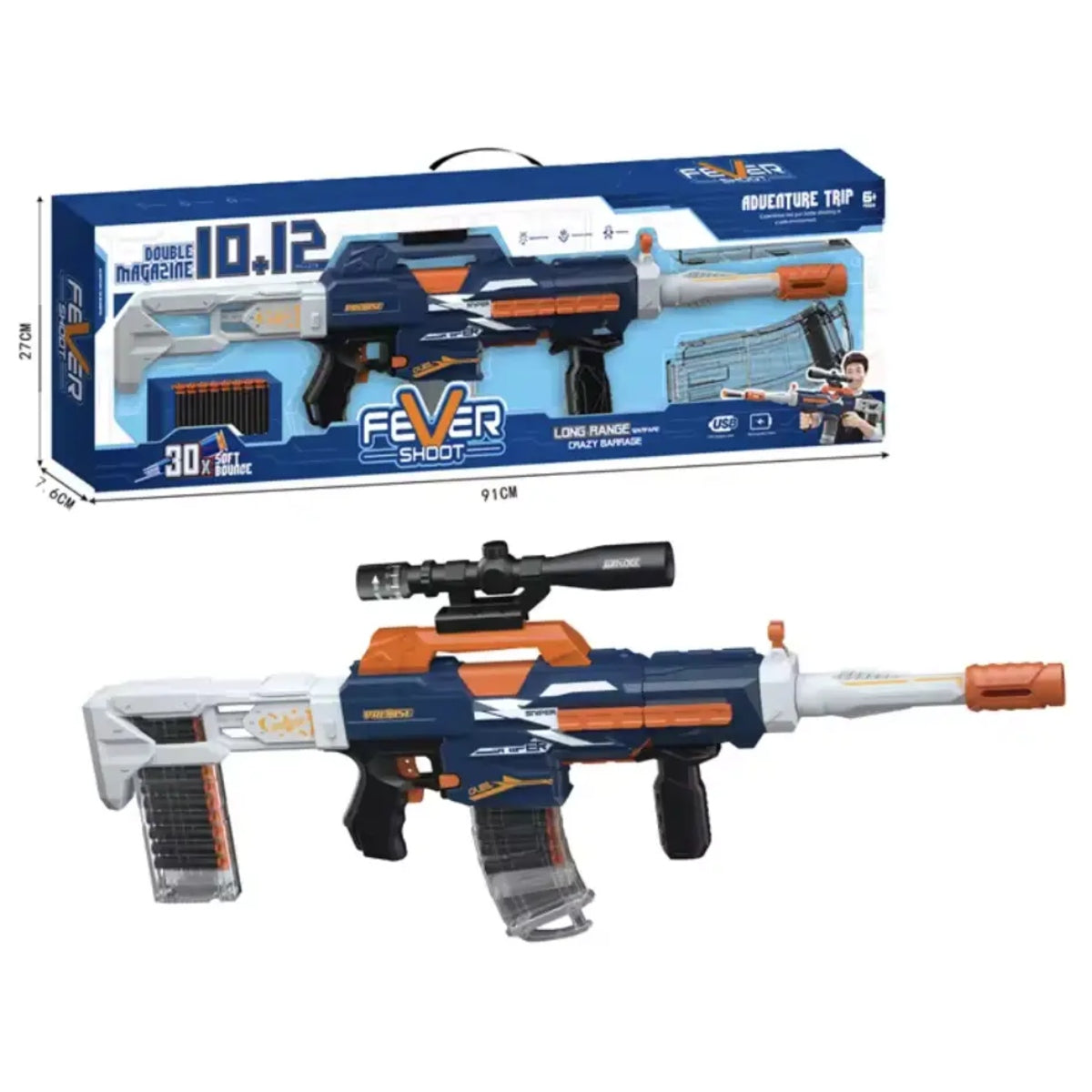 Fever Shoot Electric 12 Motorized Soft Bullet Gun with USB Rechargeable Battery, Scope, Stock & 30 Foam Darts