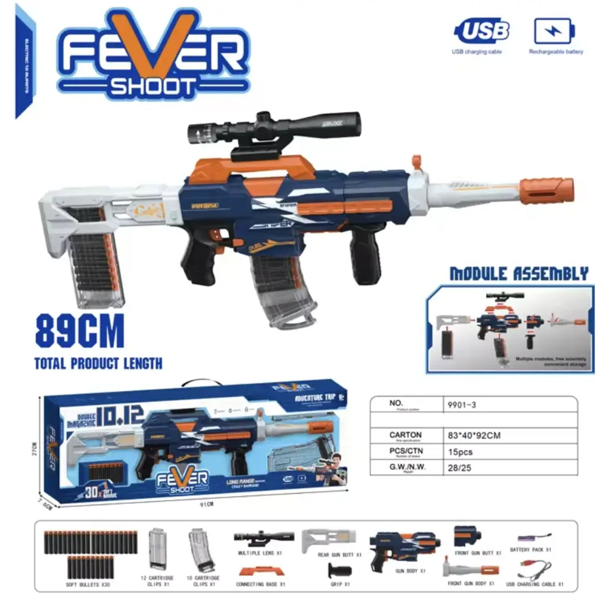 Fever Shoot Electric 12 Motorized Soft Bullet Gun with USB Rechargeable Battery, Scope, Stock & 30 Foam Darts