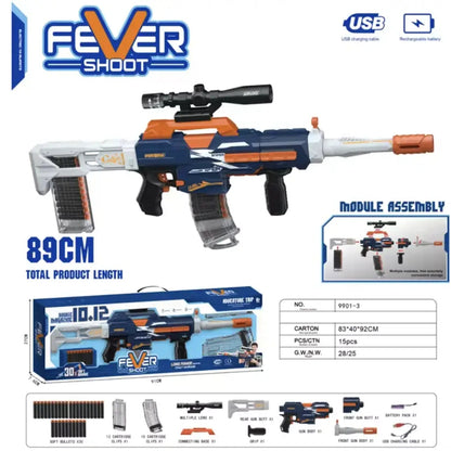 Fever Shoot Electric 12 Motorized Soft Bullet Gun with USB Rechargeable Battery, Scope, Stock & 30 Foam Darts
