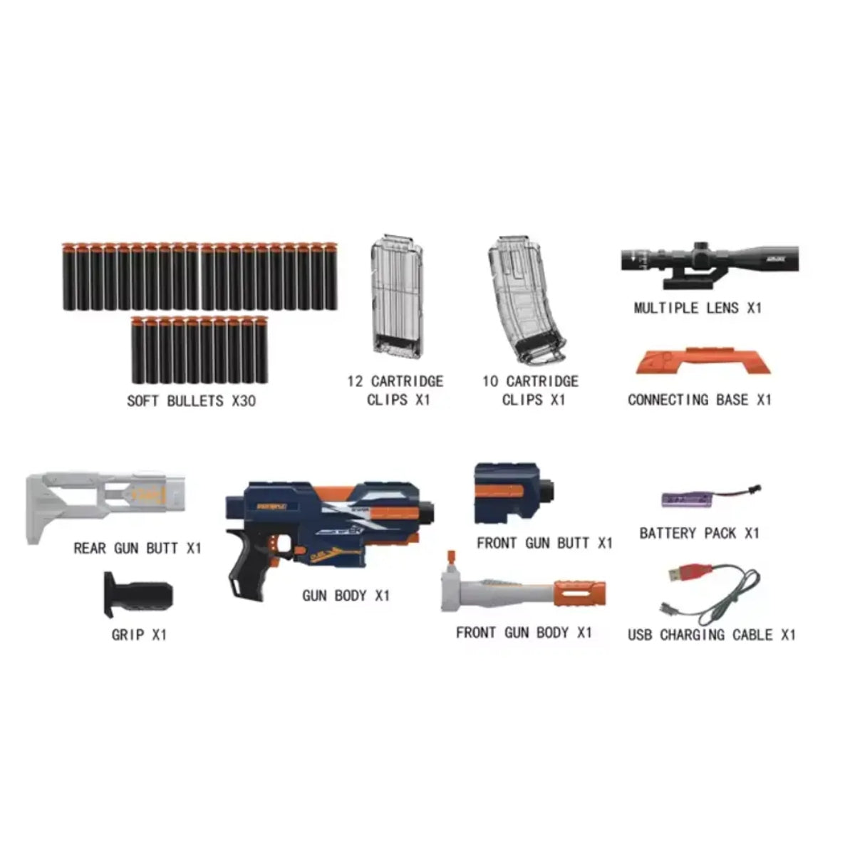 Fever Shoot Electric 12 Motorized Soft Bullet Gun with USB Rechargeable Battery, Scope, Stock & 30 Foam Darts